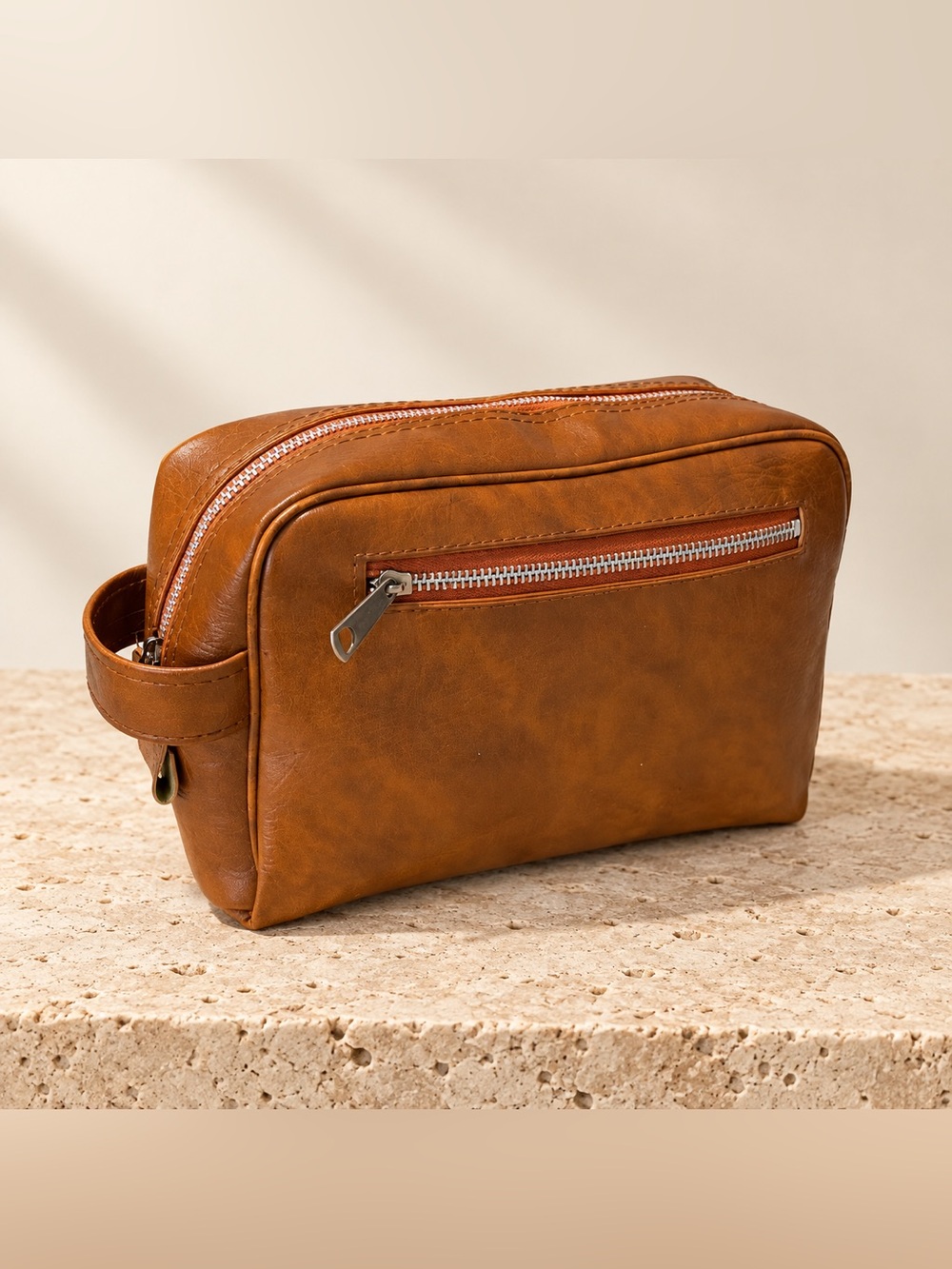 Men's Leather Travel Dopp Kit Toiletry Bag - Tan
